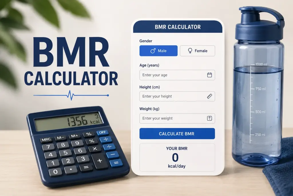 bmr calculator with calorie estimation chart and water bottle for healthy lifestyle